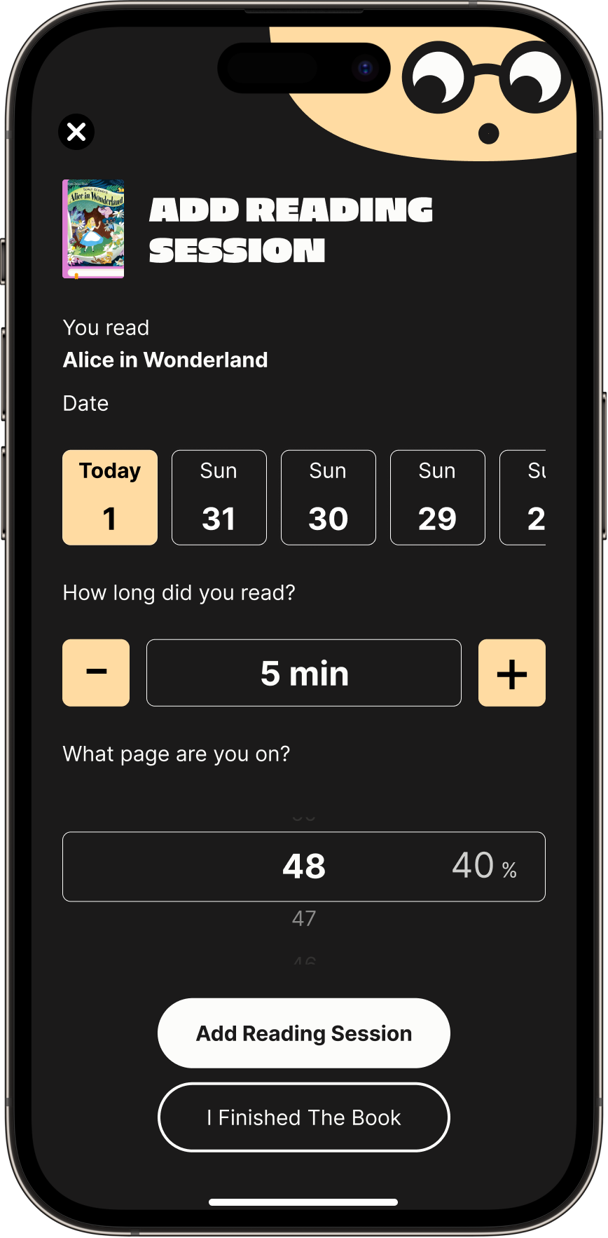 Add Reading Session screen in YOMU